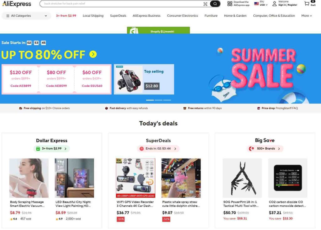 Screenshot of AliExpress homepage featuring up to 80% off summer sale banners, discount codes, and today's deals for dropshipping products
