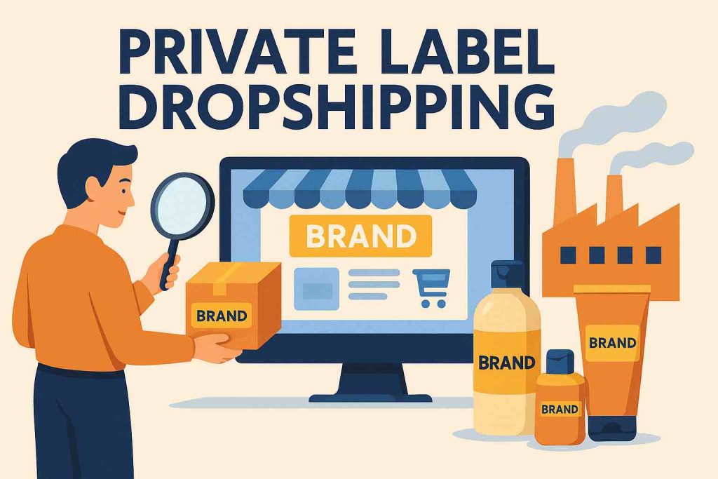 Flat design image of a person inspecting branded packaging with a magnifying glass next to a digital storefront