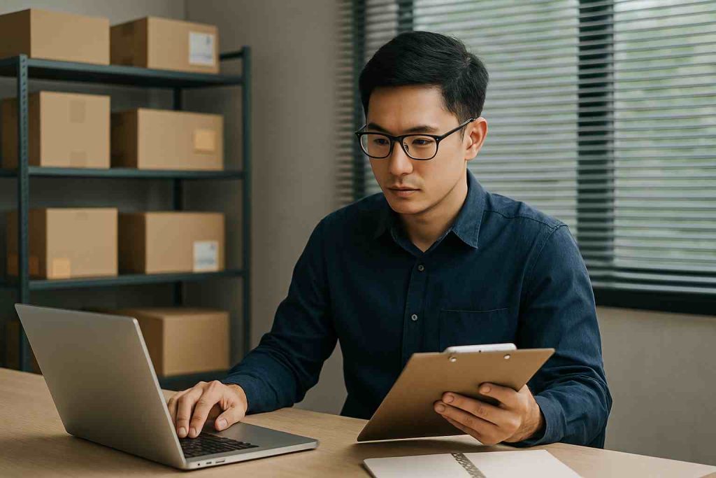 Young Asian man working at desk with laptop and clipboard, managing dropshipping inventory in an organized office