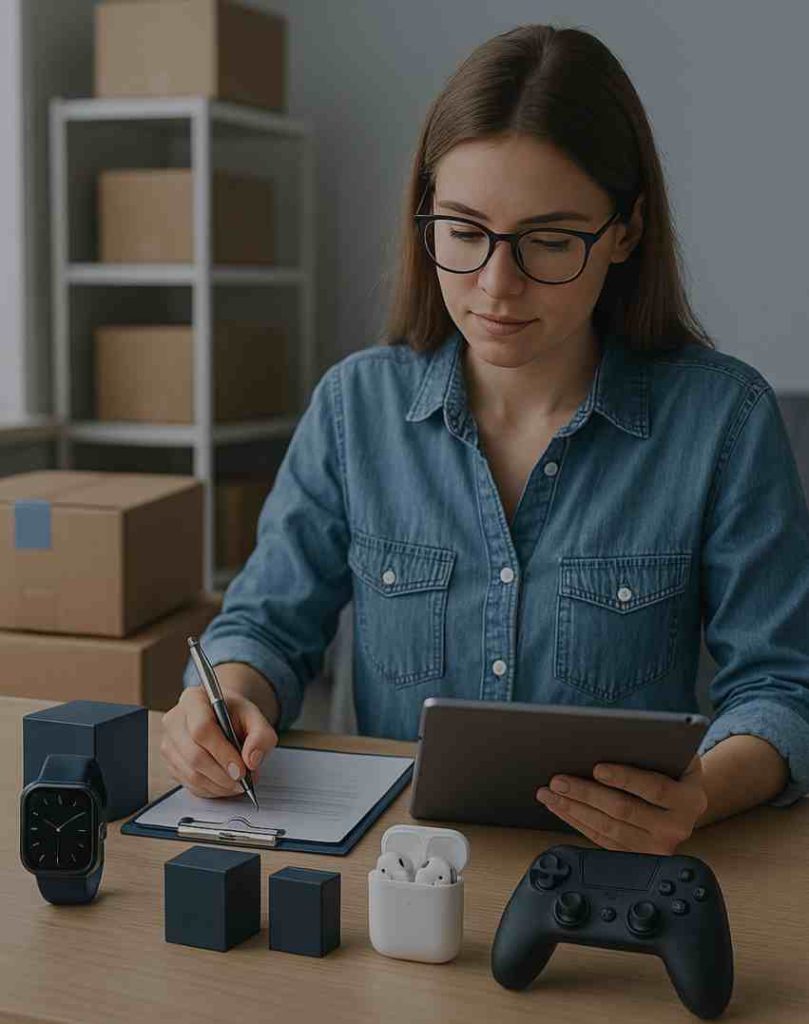 Female dropshipping entrepreneur managing orders for wireless earbuds, smartwatches, and gaming products at home office