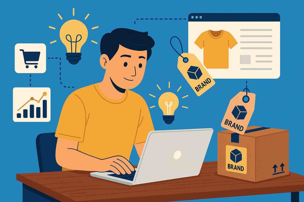 Illustration showing branded products, a factory, and a computer with an online store interface for private label dropshipping