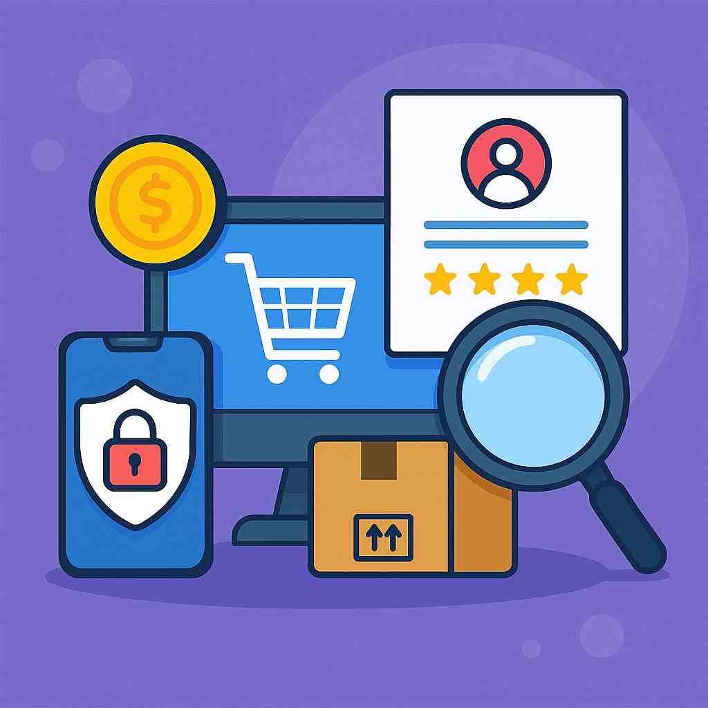 Flat-style digital illustration showcasing technical tools and workflow icons representing an automated returns and refund process in a dropshipping business