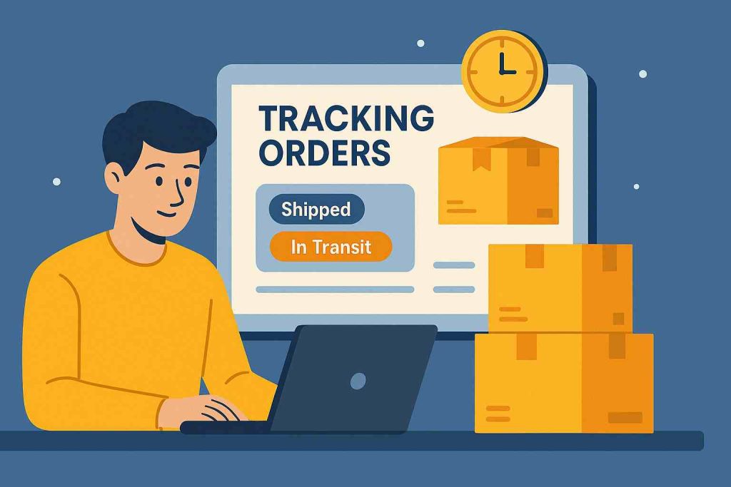 Illustration of a dropshipper using a laptop to manage shipped and in-transit orders with delivery tracking visuals