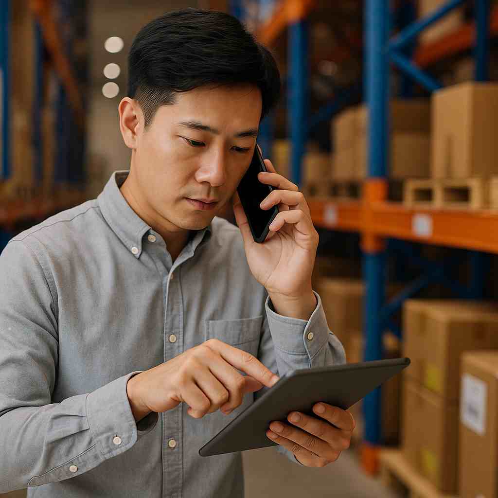 Asian man using tablet and phone in warehouse to coordinate dropshipping stock and supplier sync