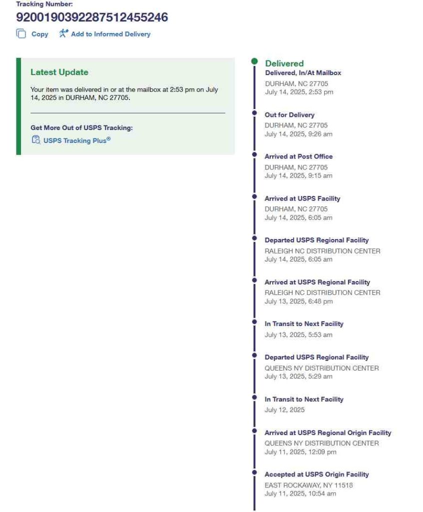 USPS tracking status with detailed delivery history, highlighting multiple ‘In Transit to Next Facility’ updates