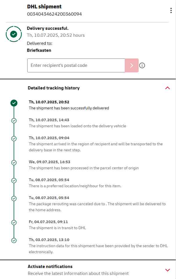 DHL shipment tracking details showing shipment ‘in transit’ and final delivery confirmation