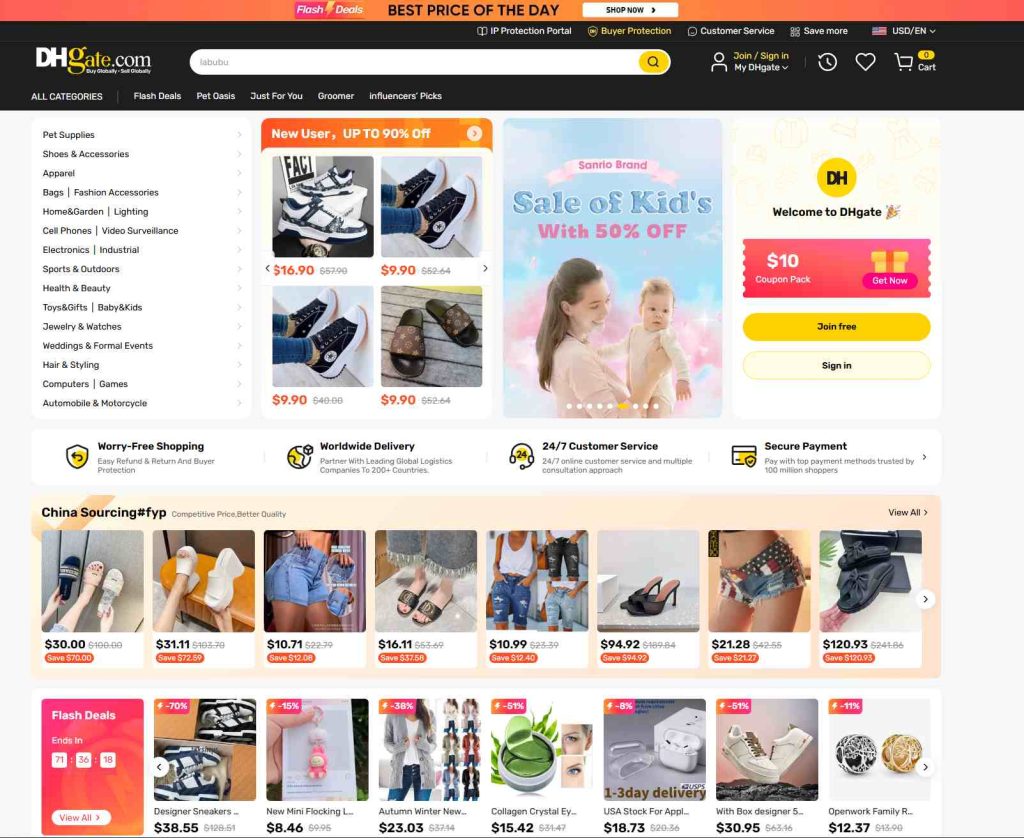 Screenshot of DHgate homepage showing discount banners, flash deals, and product categories including shoes, fashion, and electronics