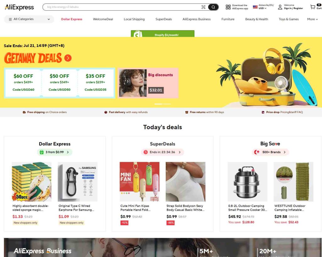 Screenshot of AliExpress homepage featuring today’s deals, coupon codes, and fast shipping options for online shoppers