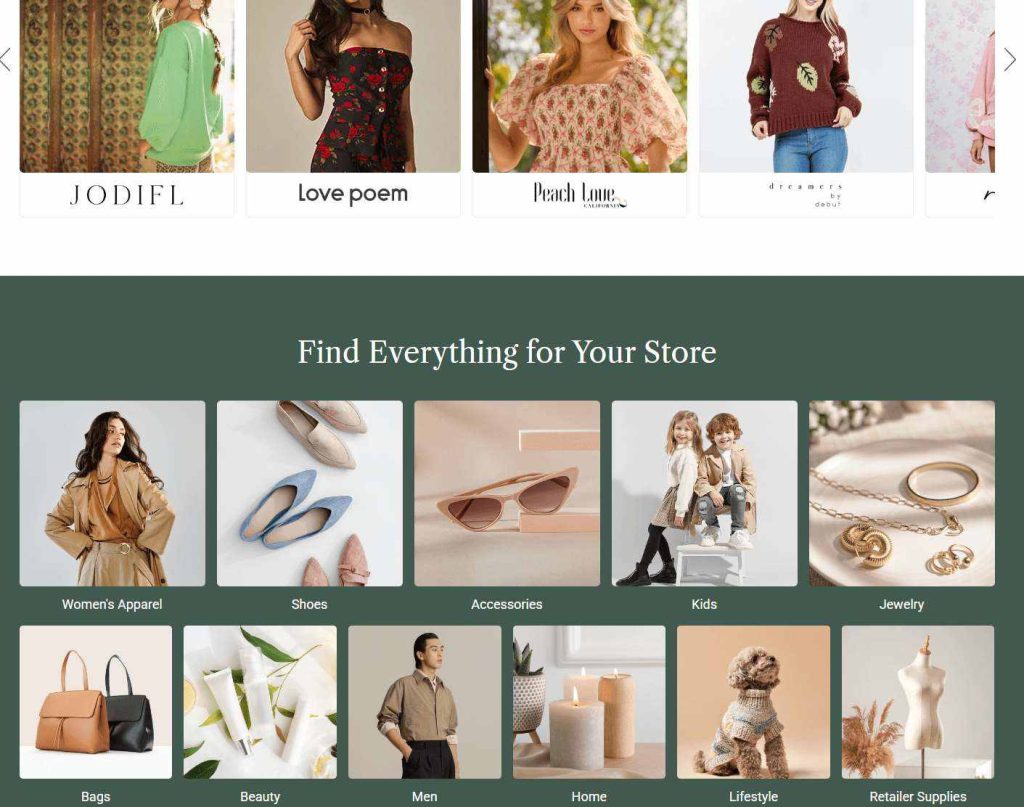 Screenshot of FashionGo’s website showing women’s apparel, accessories, kidswear, and home categories for boutique resellers