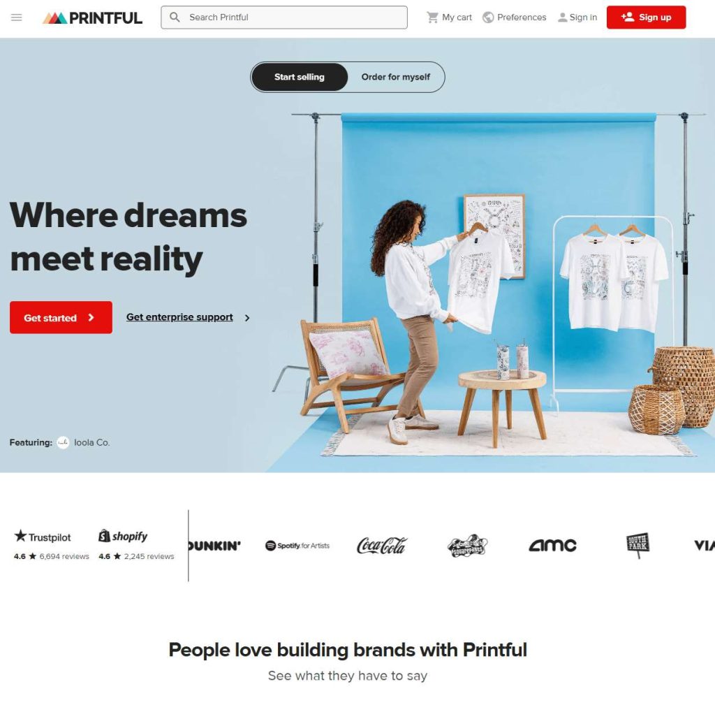 Homepage of Printful showing t-shirt customization workspace, global brands and integration with Shopify