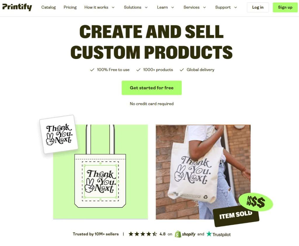 Screenshot of Printify’s homepage showing tote bag customization, seller reviews, and global delivery features