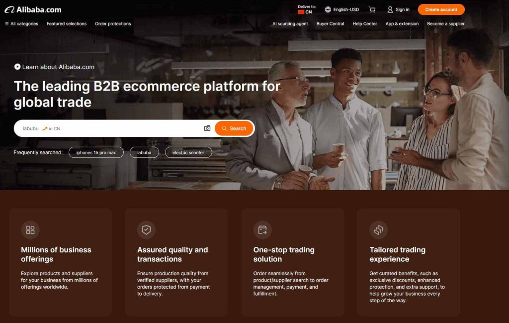 Screenshot of Alibaba homepage highlighting trade services, verified suppliers, and sourcing categories