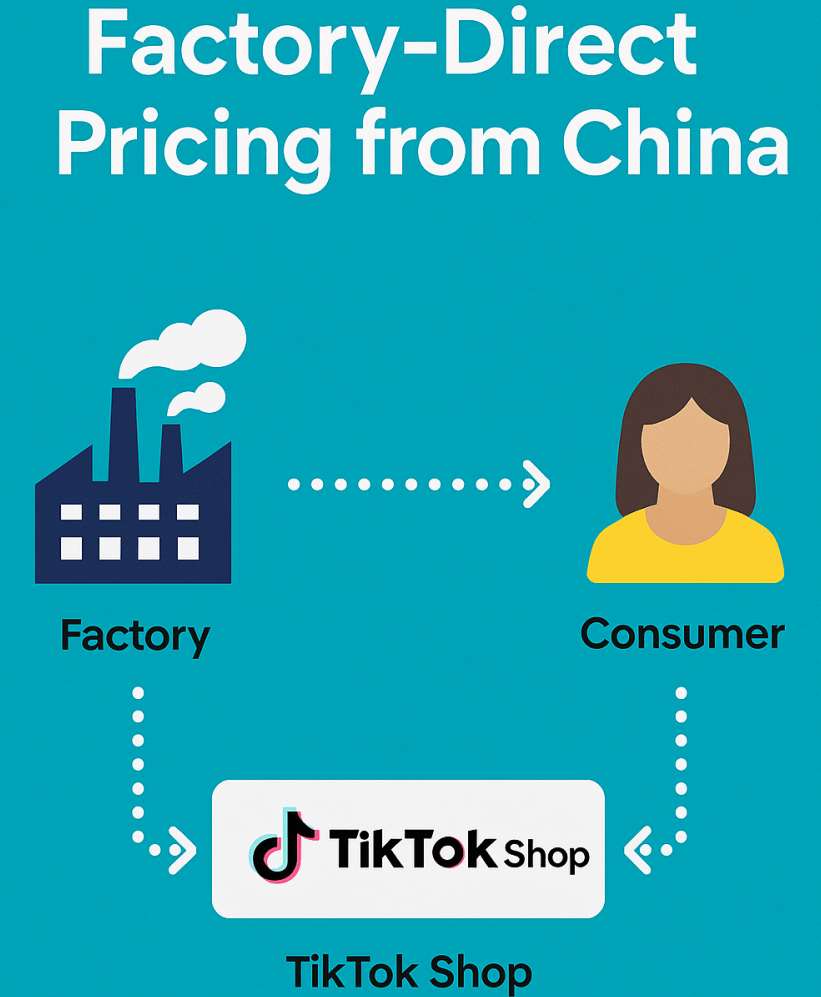 Visual flowchart showing factory-direct pricing from Chinese suppliers to TikTok Shop to end consumers via cross-border ecommerce