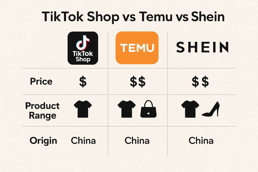 Infographic comparing TikTok Shop, Temu, and Shein by price level, product category, and country of origin for low-cost Chinese ecommerce platforms