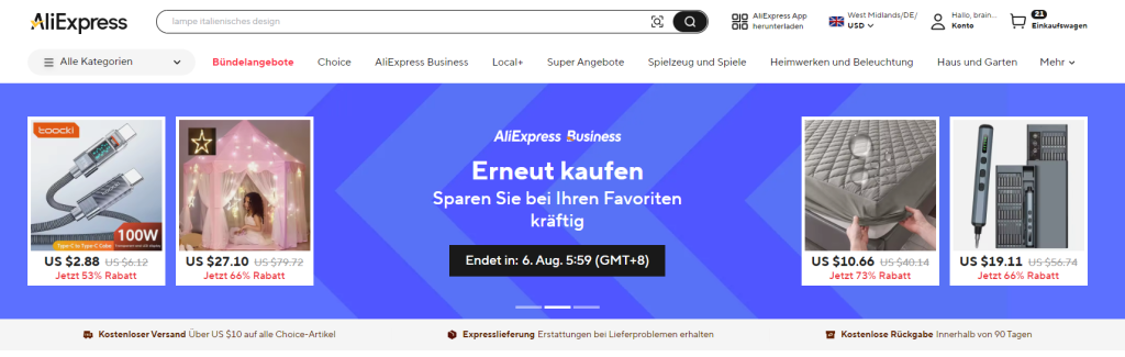 Screenshot of the AliExpress homepage displaying product deals and discounts.