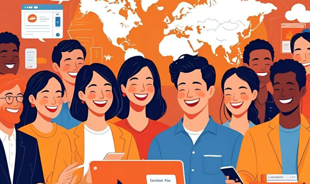 Illustration of a diverse group of happy people with smiles, representing a team in the online commerce industry in front of a world map.