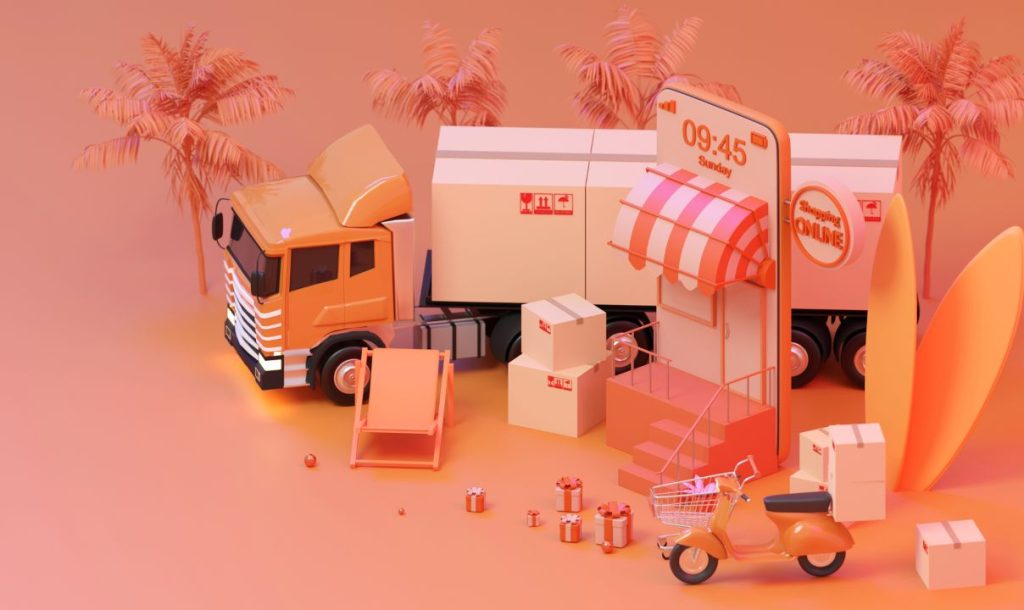 3D illustration depicting an online shopping delivery scene with a truck, delivery boxes, a scooter, and palm trees in a vibrant orange background.