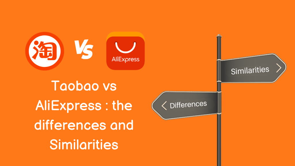 Signpost graphic comparing Taobao and AliExpress, highlighting their differences and similarities.