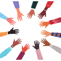 Multiple hands joining in a circle symbolizing teamwork and collaboration.