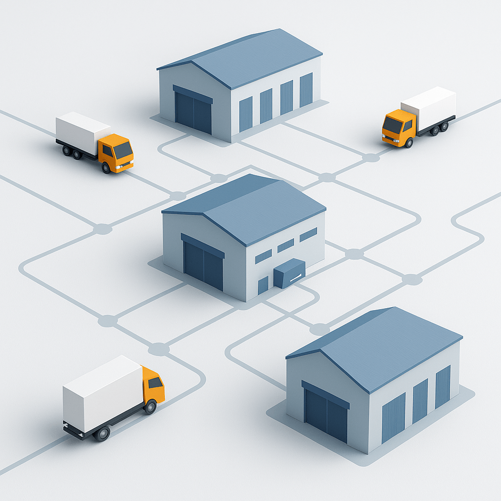Wholesale distribution network with buildings and trucks