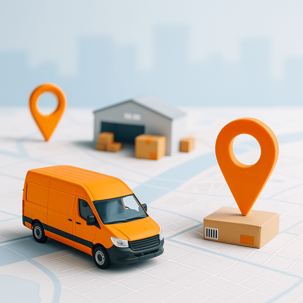 Delivery truck navigating through a map with destination markers