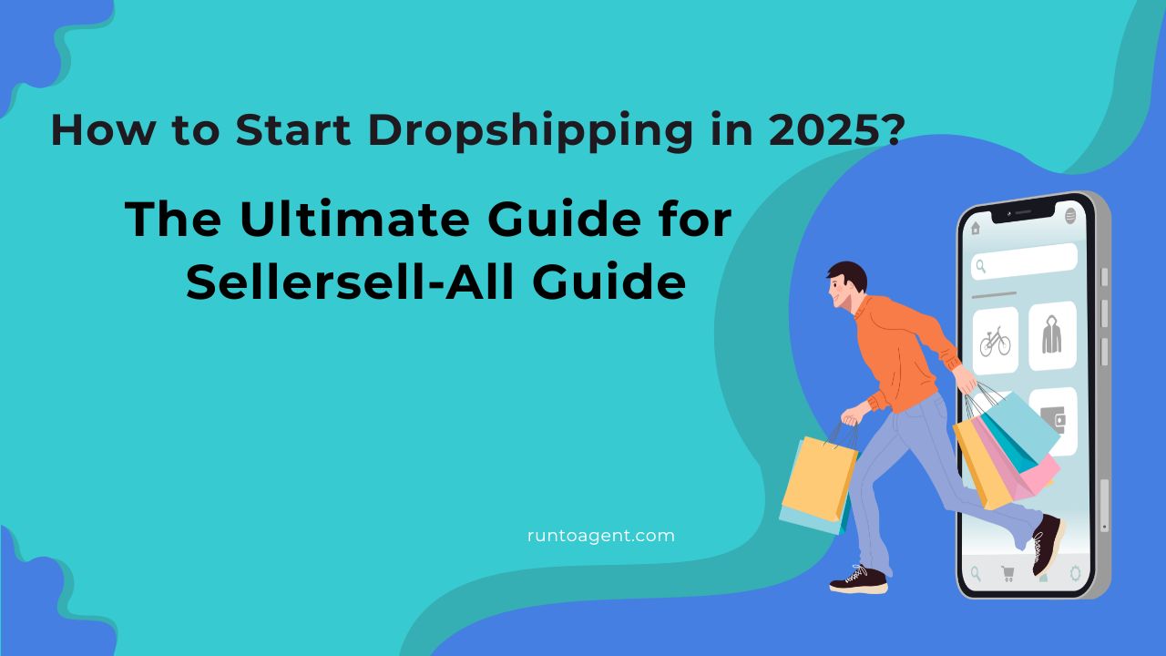 A vibrant feature image for the article "How to Start Dropshipping in 2025? The Ultimate Guide for Sellers." The design includes a graphic of a person carrying shopping bags while interacting with a smartphone displaying a shopping interface. The background features a dynamic color scheme, making it visually appealing and engaging for readers interested in learning about dropshipping.
