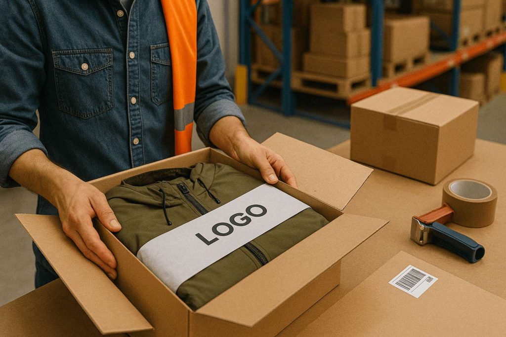 Image of a package with a custom logo being prepared for shipping.