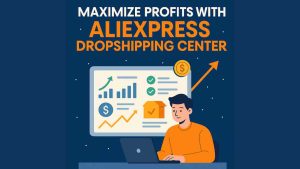 Flat illustration showing a man analyzing profit growth and product sourcing data from the AliExpress Dropshipping Center