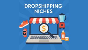 Flat design illustration of a laptop with a magnifying glass over a dollar sign, surrounded by icons of a sneaker, smartwatch, blender, and skincare products, representing trending dropshipping niches