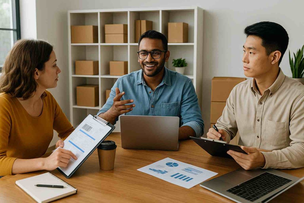 Three team members sitting around a modern desk analyzing product niches and customer data for eCommerce growth