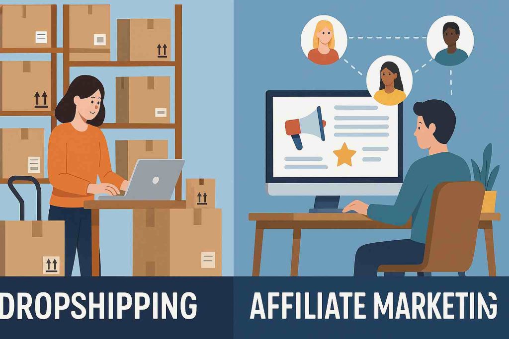 Illustration of person setting up a Shopify store and another setting up an affiliate blog
