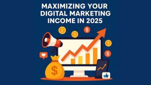 2D digital illustration showing a young professional analyzing marketing performance on a laptop surrounded by analytics icons and growth charts