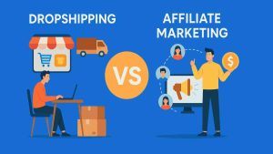 Flat-style digital illustration showing a split-screen comparison of dropshipping and affiliate marketing models with icons like box and link symbol