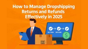 Flat-style illustration showing a business professional beside a computer screen with a return and refund process flowchart and a package, representing dropshipping returns management in 2025