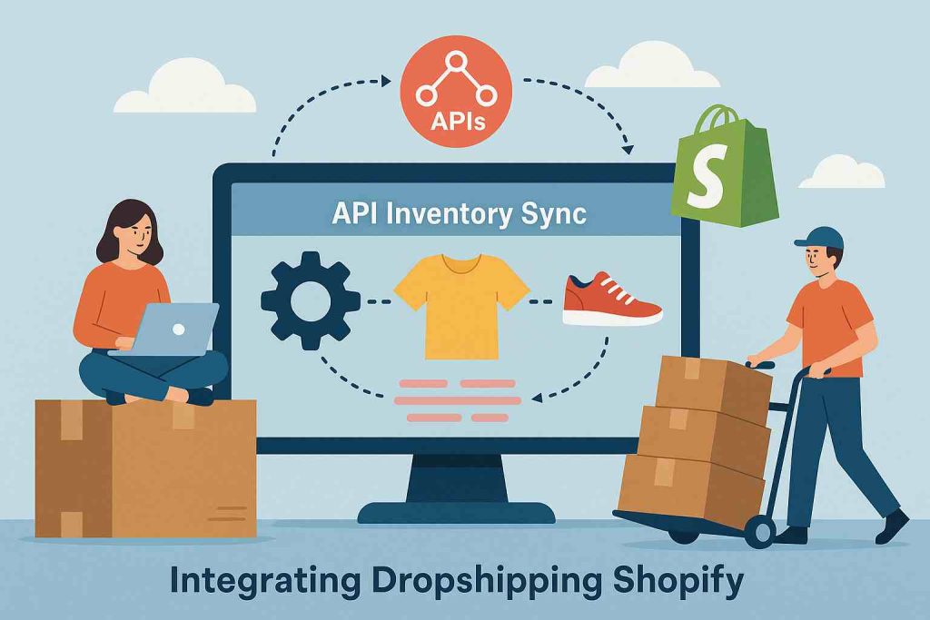 Woman sitting on boxes next to a large screen displaying API inventory sync for apparel and shoes in Shopify