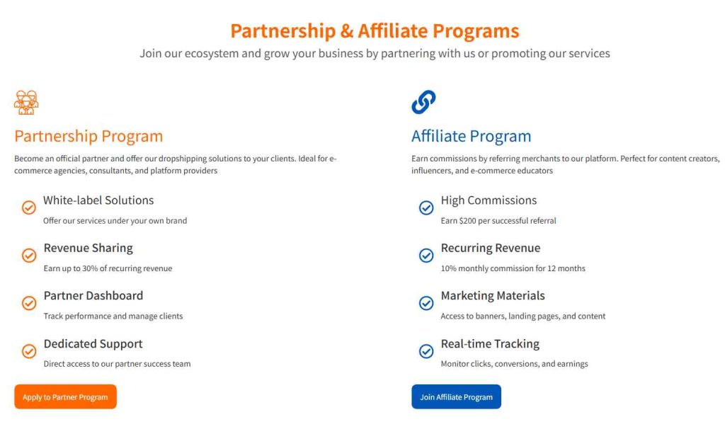 A side-by-side comparison of RuntoAgent’s Partnership Program and Affiliate Program showing benefits like white-label solutions, revenue sharing, high commissions, and real-time tracking