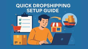 Young entrepreneur using a laptop with visual icons of shopping cart, storefront, checklist, and shipping container representing dropshipping setup