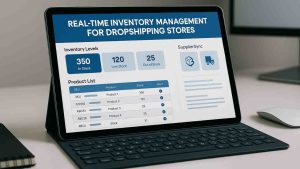 Tablet on a clean desk showing inventory dashboard with stock levels and supplier sync for dropshipping