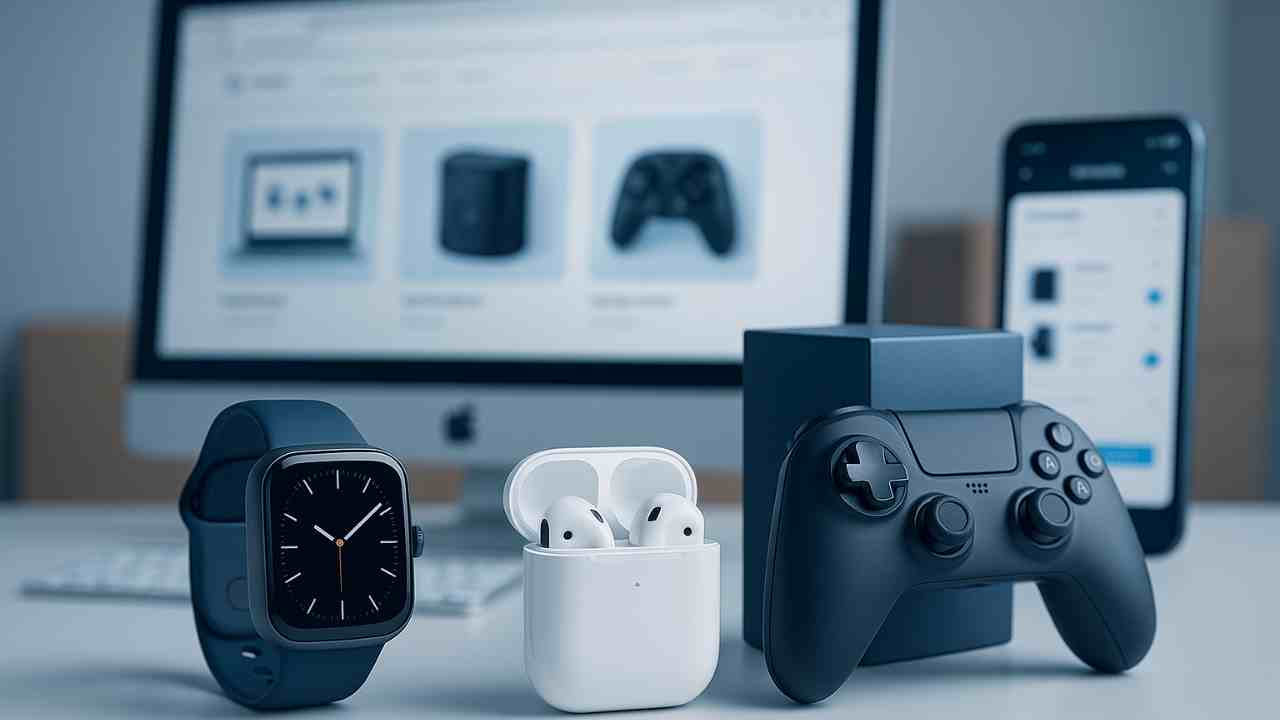 Smartwatch, wireless earbuds, and game controller on eCommerce website screen for electronics dropshipping