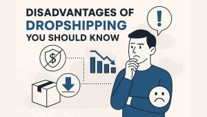 Illustration showing disadvantages of dropshipping including low profit, supplier issues, and customer dissatisfaction