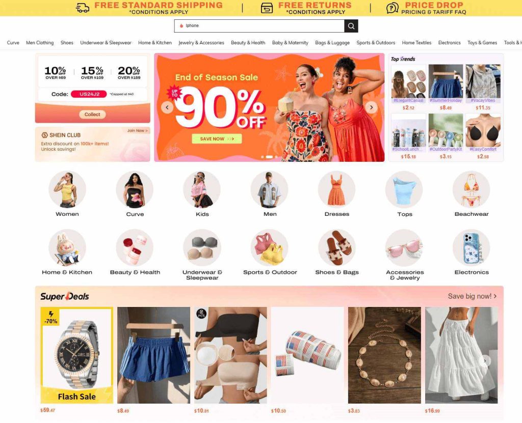Screenshot of Shein’s website homepage showing flash sales, discount codes, and women's fashion categories