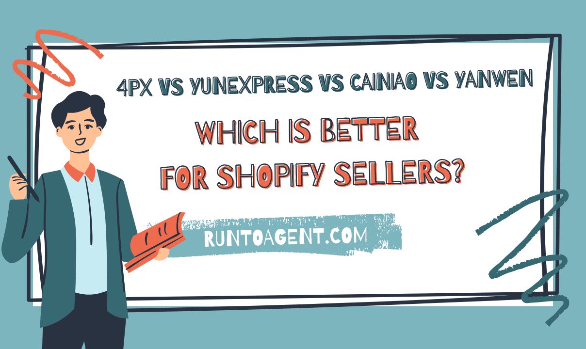 A graphic comparing shipping services—4PX, YunExpress, Cainiao, and Yanwen—entitled "Which Is Better for Shopify Sellers?" The image features a smiling character holding a book and pointing, with the website "RUNTOAGENT.COM" displayed at the bottom. The background is a calming teal color.
