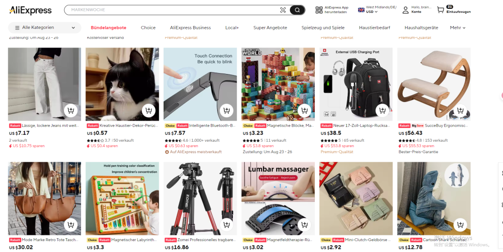  A screenshot of the AliExpress website displaying various product listings, including clothing, electronics, toys, and accessories. Each item shows its price, discount information, and ratings. The layout features a grid format with images of products like jeans, pet decor, and ergonomic furniture.