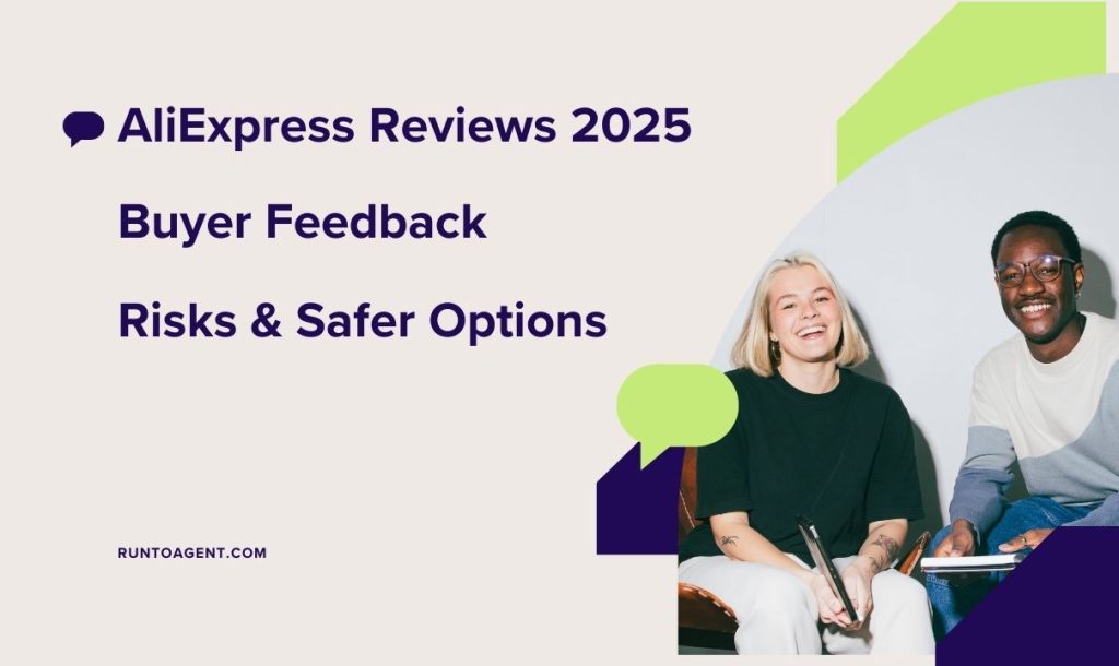 A graphic featuring the title "AliExpress Reviews 2025: Buyer Feedback, Risks & Safer Options," alongside images of two smiling individuals holding pens. The design includes colorful geometric shapes for visual appeal.
