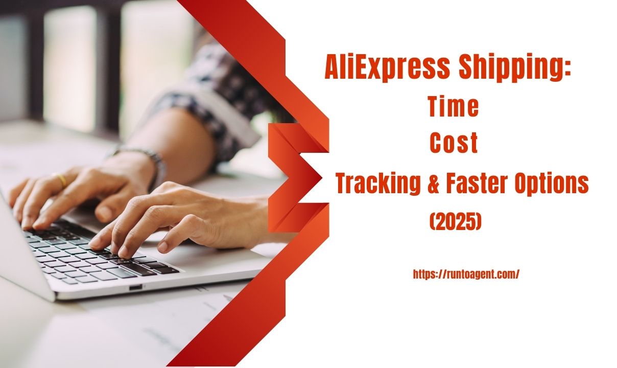 An image showing a person typing on a laptop, with text overlay detailing "AliExpress Shipping: Time, Cost, Tracking & Faster Options (2025)", set against a simple background with bold design elements.