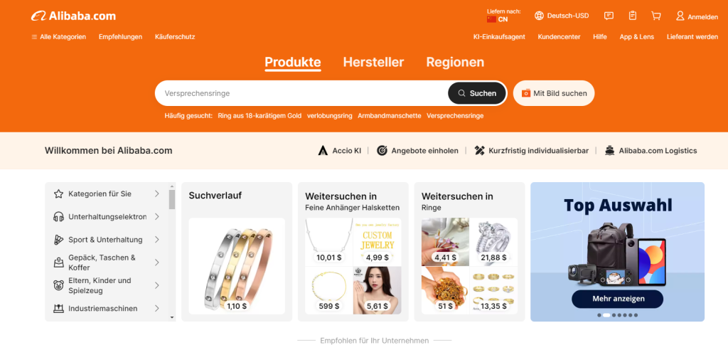 A screenshot of the Alibaba.com homepage, featuring various product categories, a search bar, and displayed items related to jewelry, including promise rings and necklaces, with a welcome message in German.