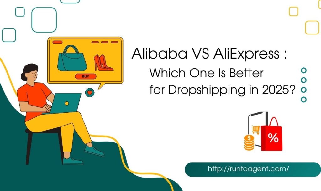 An illustration of a person sitting at a laptop browsing products, including a handbag and shoes, with graphic elements depicting shopping and discounts in the background, discussing the comparison between Alibaba and AliExpress for dropshipping.