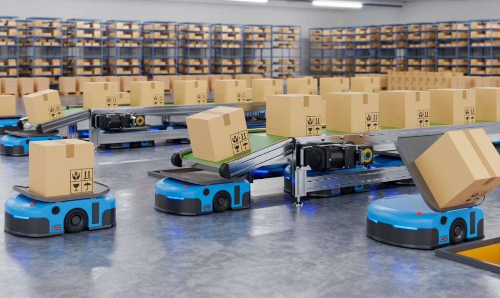 A modern automated warehouse featuring robotic platforms transporting boxes on conveyor belts. Various cardboard boxes are neatly arranged on the conveyor and nearby surfaces, highlighting an efficient logistics and packaging environment.