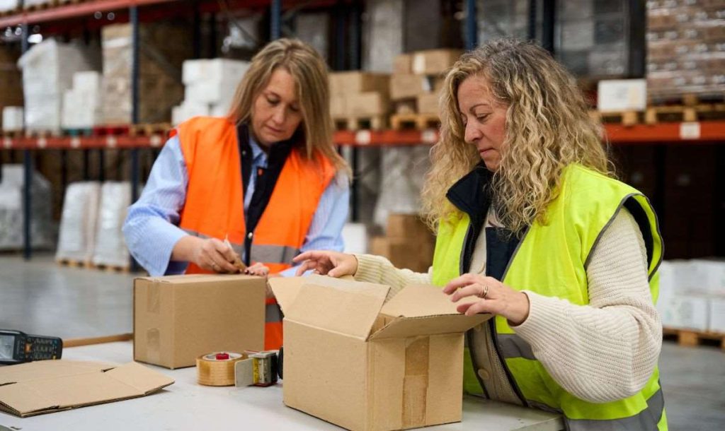 Two women wearing safety vests are working together at a packing station in a warehouse. One is preparing to seal a cardboard box, while the other is opening a new box. Shelves filled with goods are visible in the background, showcasing a busy logistics environment.
