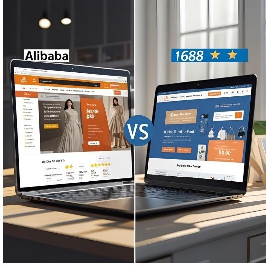 Display the screens of two laptops, with the Alibaba website page on the left and the 1688 website page on the right, with the "VS" symbol in the middle, highlighting the _compares of both platforms.